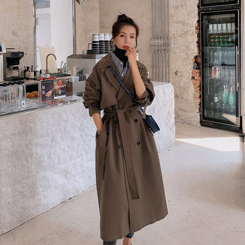 Fashion coffee colored long trench coat womens clothing spring/summer item Korean waist windproof coat 240911