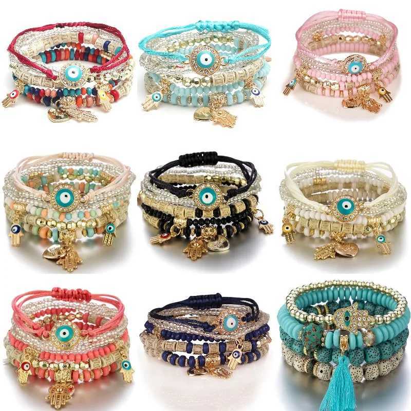 Bohemia Enthic Evil Eye Beads Chain Bracelet Set for Women Beaded Charm Bracelets Bangle Girls Boho Party Jewelry Pulseras X240912
