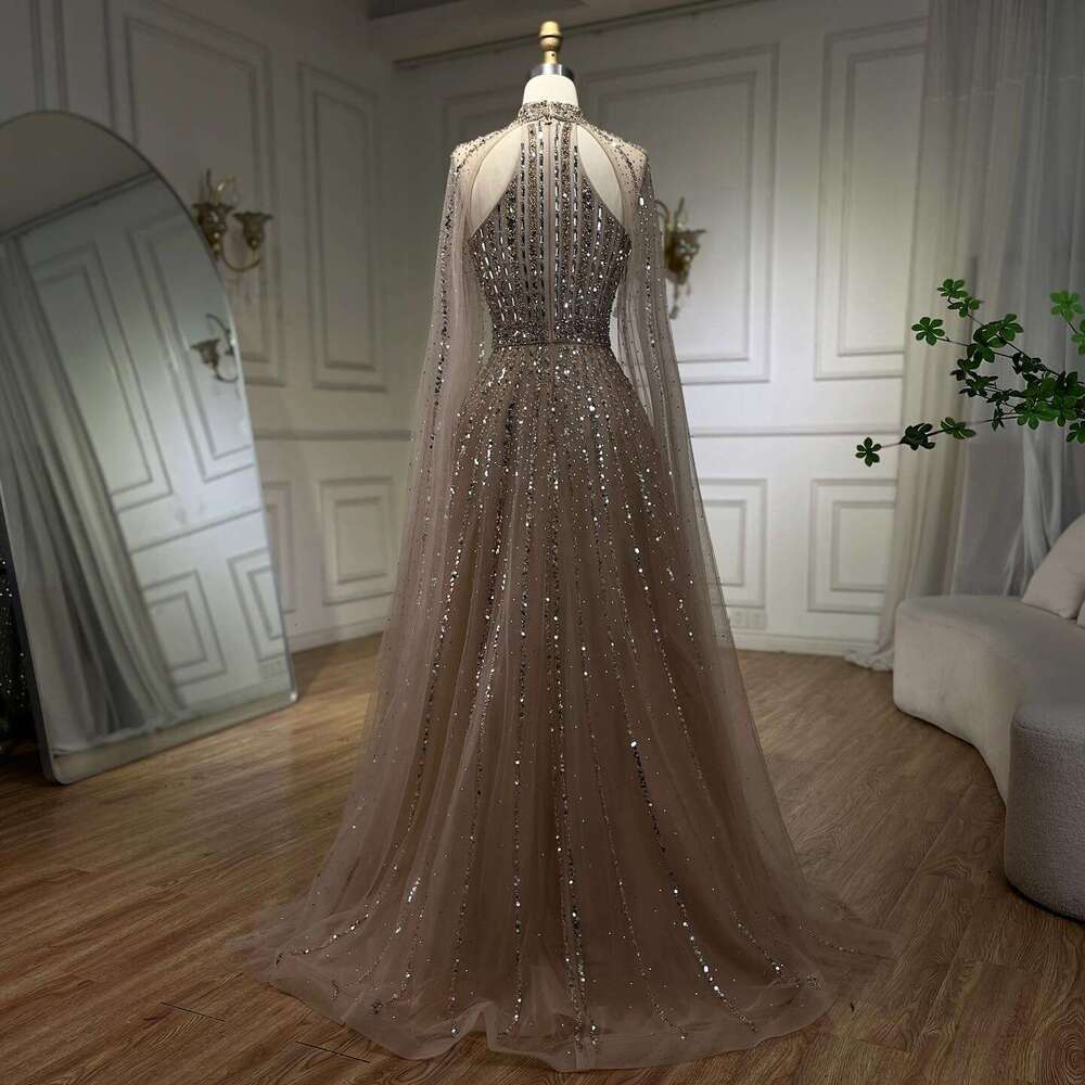 SERENE HILL Arabic Caramel A-E Cape Sleeves Beaded Dubai Evening Dresses Gowns For Women Party 2024