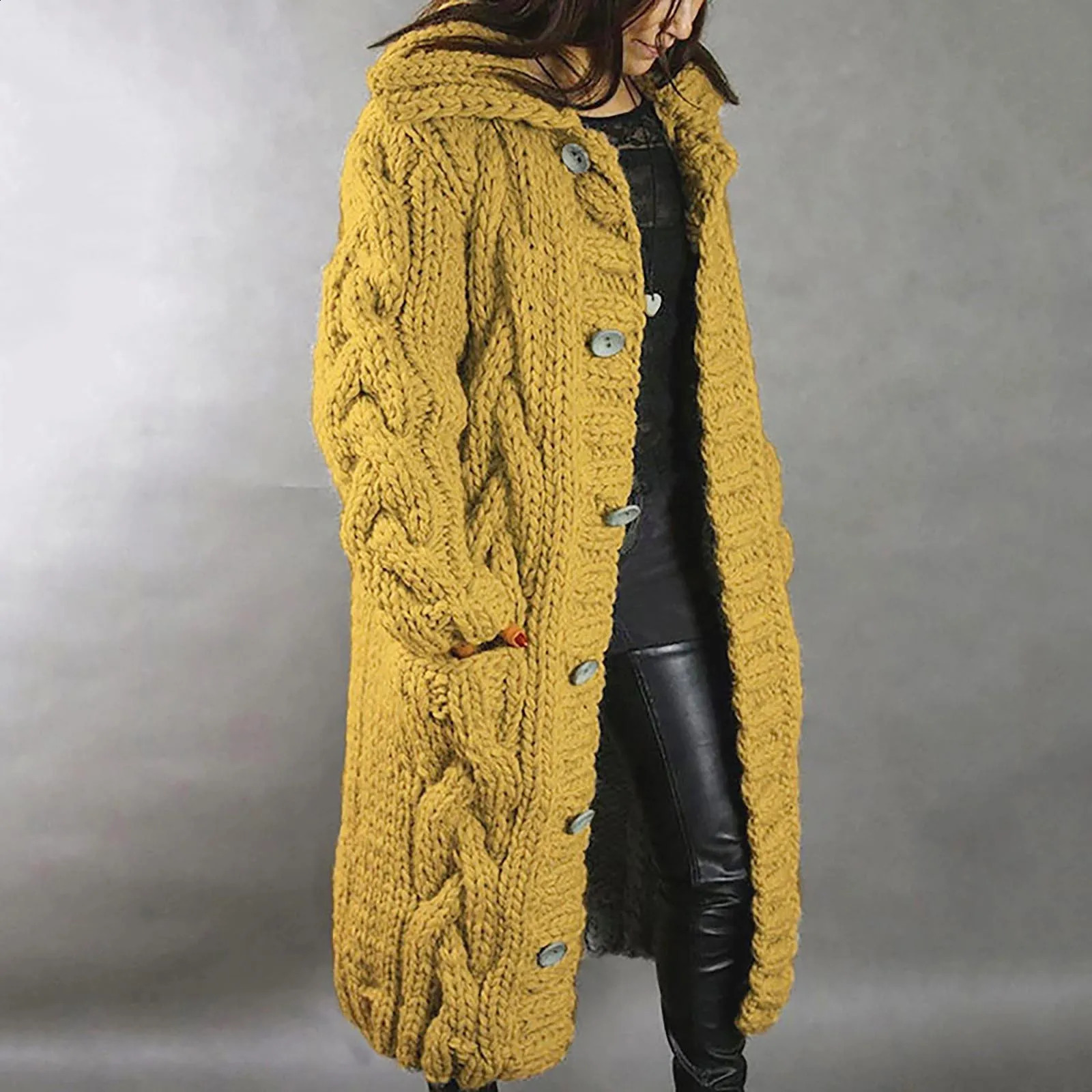 Womens knitted cardigan wool sweater autumn winter womens sweater loose double pocket oversized casual long skirt 240912