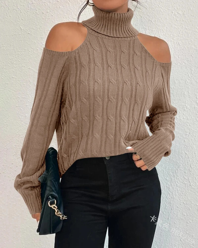 Womens Turtleneck Off Shoulder Sweater Sexy Cold Shoulder Top 2024 Autumn Winter Long Sleeve Soft Cable Knitted Pullovers 240911