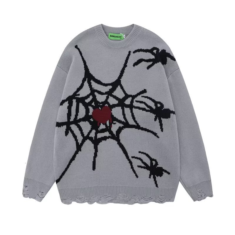 Halloween Men Sweaters Trendy Brand Dark Spider Jacquard Ragged Thread Clothes Mens Winter High Street Long Sleeve Knitted Sweater Casual Mens crew ne