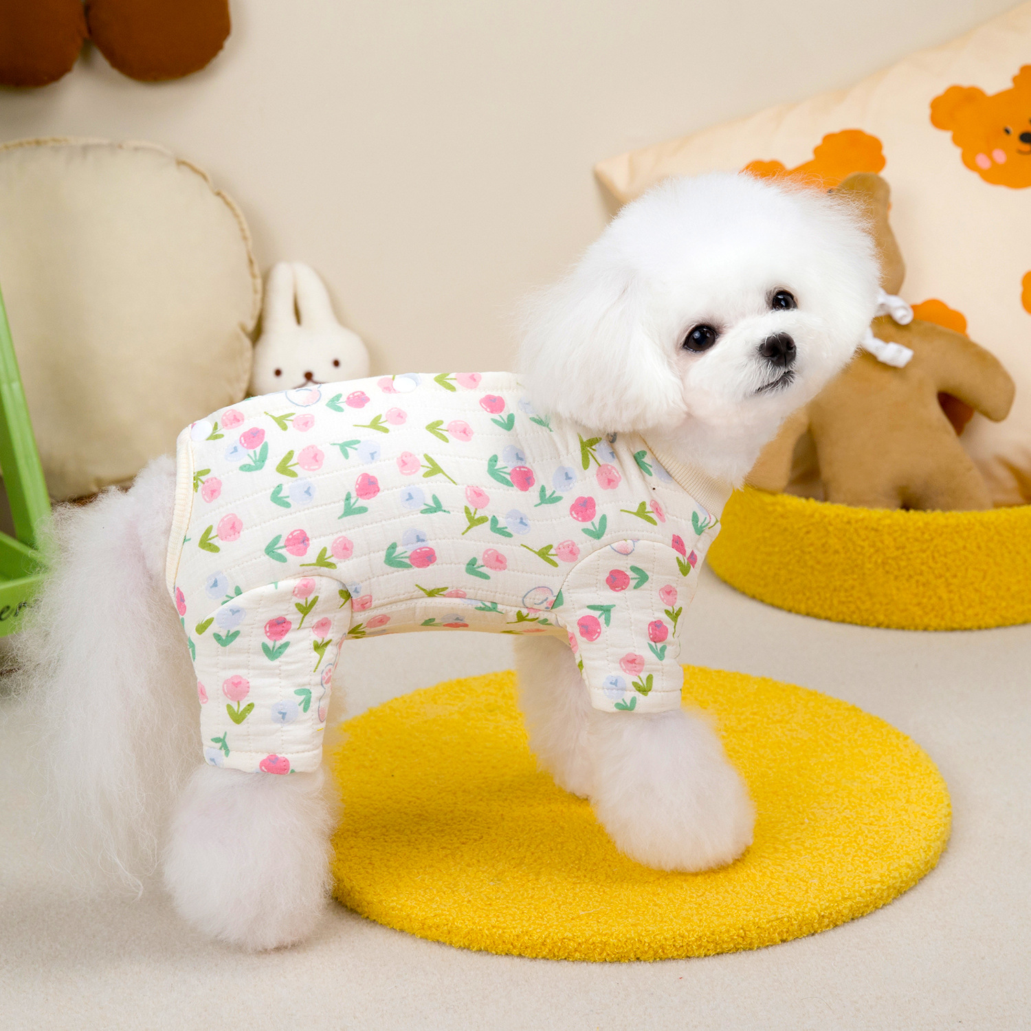 Dog Autumn Winter Floral Jumpsuit Pet Four Legged Pants Clothing for Small Dogs and Cats Thickened Winter Warm Pajamas Puppy