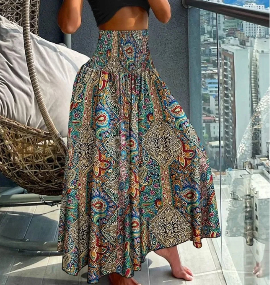 Vintage Casual Fashion Clothes Summer Streetwear Print Beach Long Skirts for Women Clothing Haruku Bohemian Ethnic Style