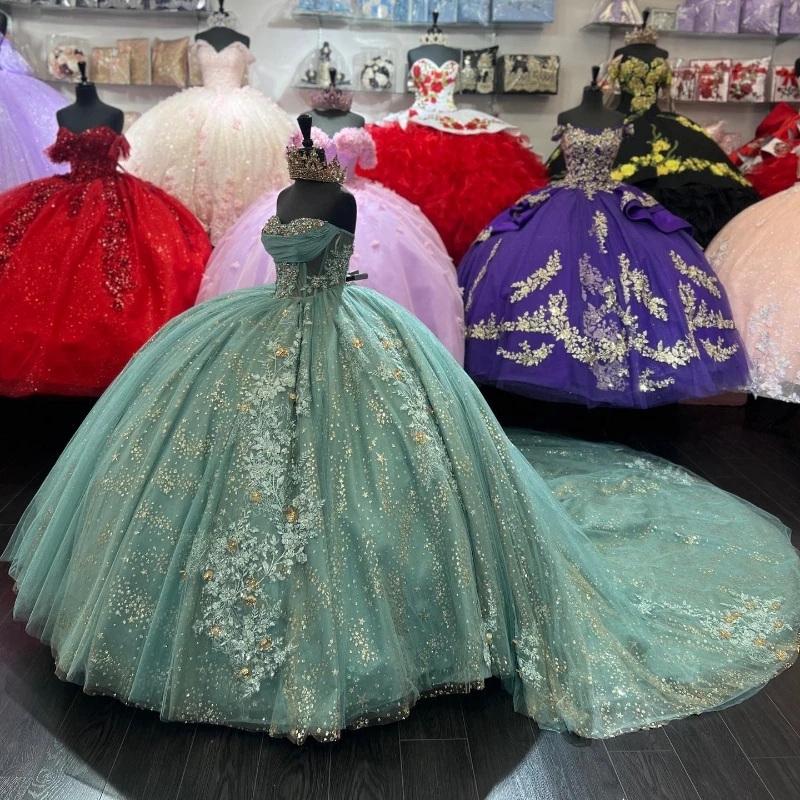 Mint Green Shiny Quinceanera Dresses Ball Gown Off Shoulder Lace Applique Beads Crystal Tull Corset Sweet 16 Dress Birthday vestido 15 De
