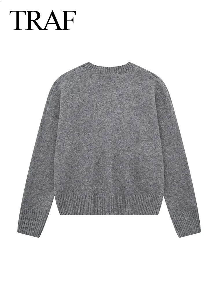 TRAF Autumn Winter Womens Grey Pullover Sweater Womens Long Sleeve Loose Knitted Jumper O-Neck Knitted Oversized Coat 240912