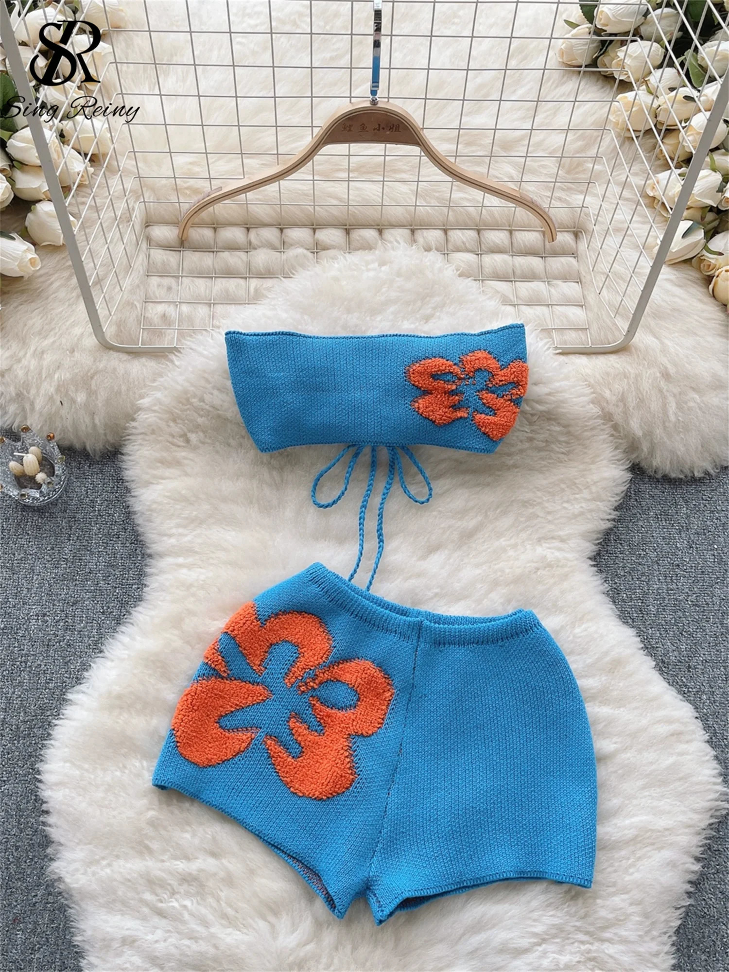 SINGREINY Bohemian Beach Style Knitting Sets Lace Up Bow Backless Sleeveless Strapless TopSplice Flower Shorts Two Pieces Suits 240911