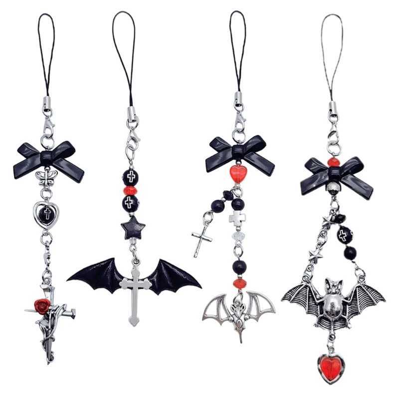 Quickly reach Y2K Harajuku mobile phone charm with Halloween bat pendant bow hanging rope key W240911