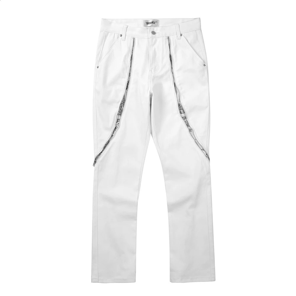 Curve Zipper Cashew Print Patchwork Jeans for Men Straight Black White Y2K Streetwear Casual Baggy Denim Trousers Oversized 240909