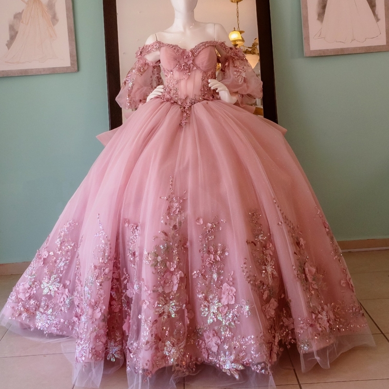 Pink Ball Gown Quinceanera Dresses Charming Appliques Beaded wer Off Shoulder Sweet 16 Dress Lace-up Vestidos 15 De