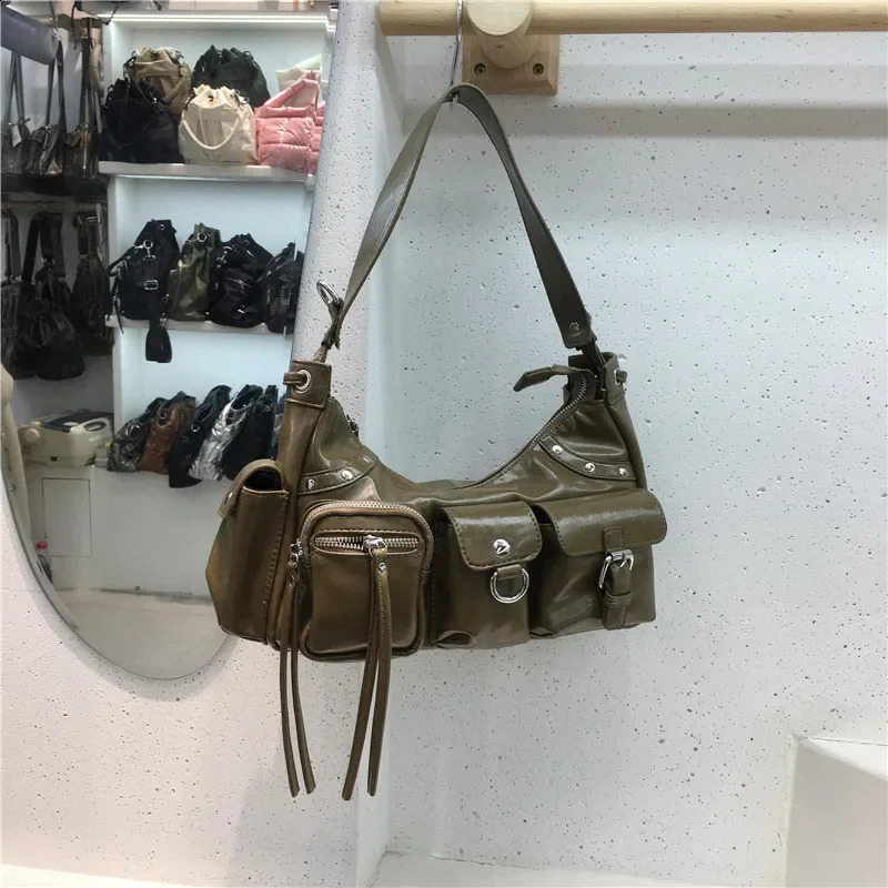 Womens Underarm Spicy Motorcycle Multi-pocket Lychee Pin Tote Bag Single Shoulder Slant Cross 240909 6823 4