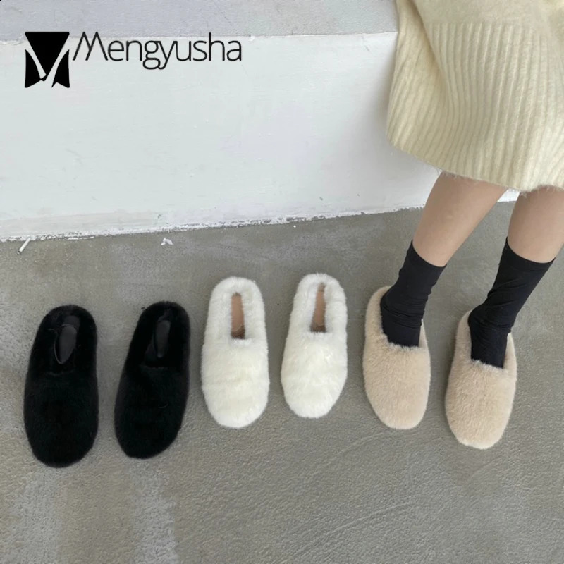 Women Winter fur slippers solid warm furry mules cold resistence cotton shoes female cozy closed toe shearling slides pantuflas 240911
