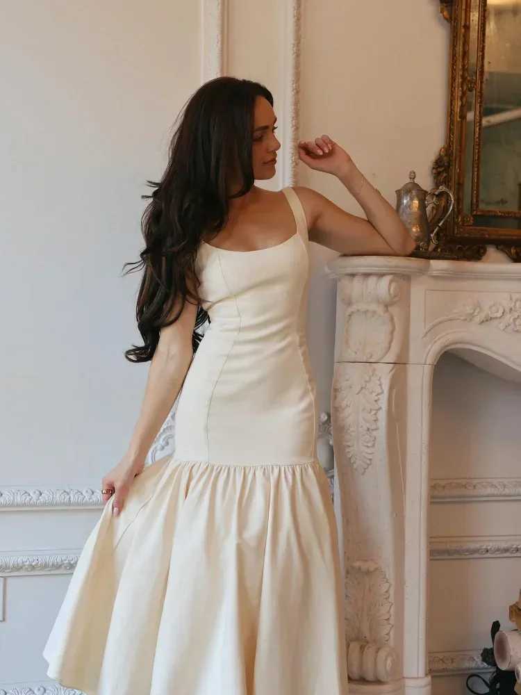 Women Fashion Solid Pleated Hem Maxi Dress Elegant Square Neck Sleeveless Backless Long Dresses 2024 Summer Lady Party VestidoX240912