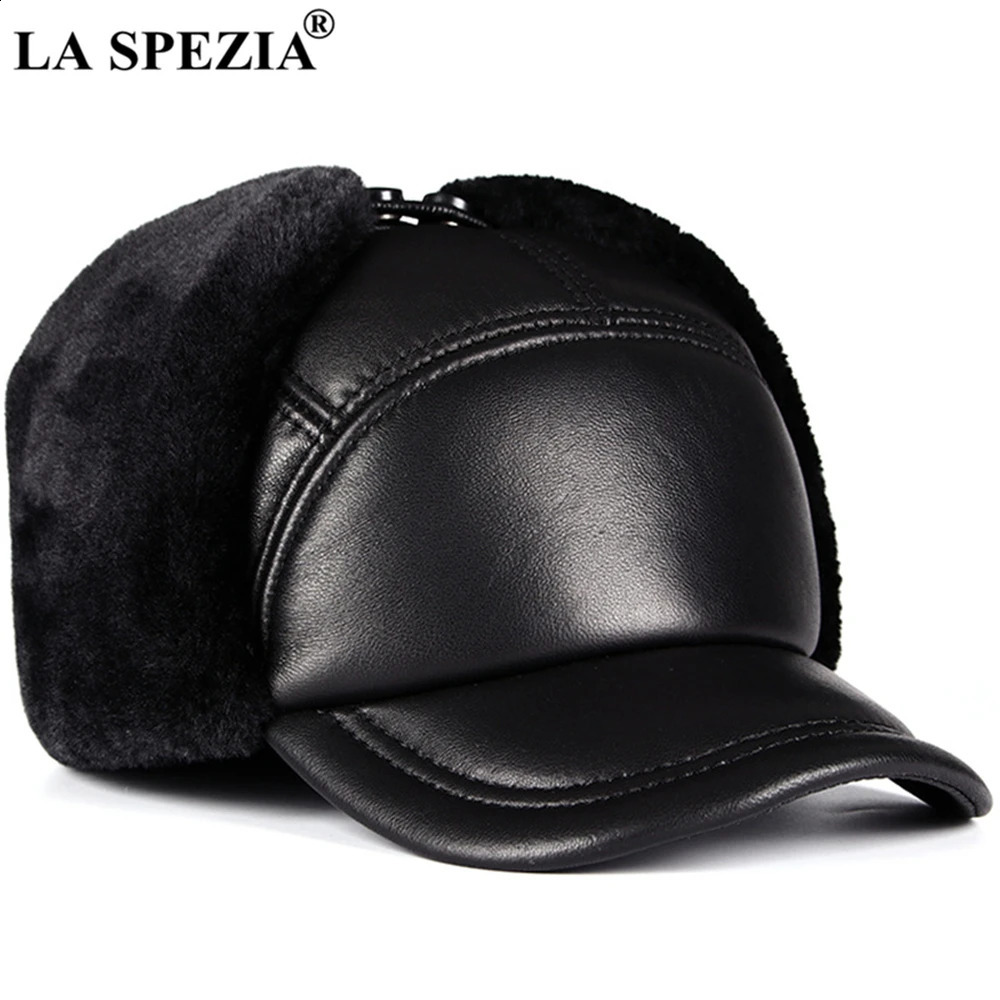 LA SPEZIA Winter Hat Men Genuine Leather Sheepskin Bomber Hat Earflap Black Warm Thick Ski Snow Windproof Male Russian Hat 240906CJ