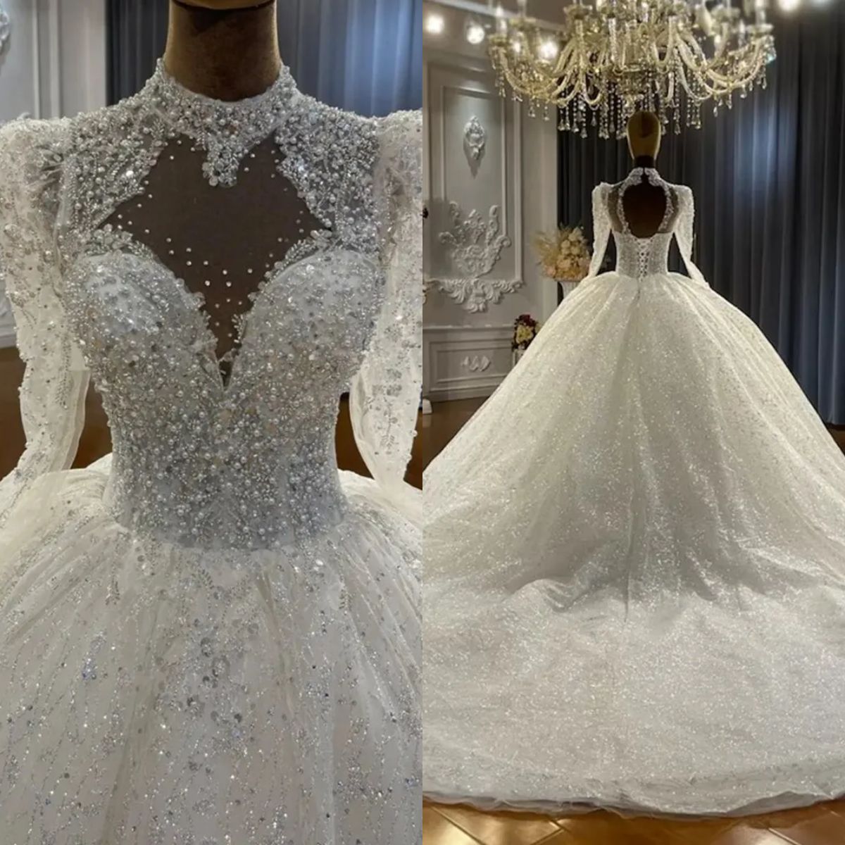 Classic Ball Wedding Dresses Long Sleeves Jewel Neck Bridal Gown Pearls Sequins Sweep Train Dress Custom Made vestidos de novia