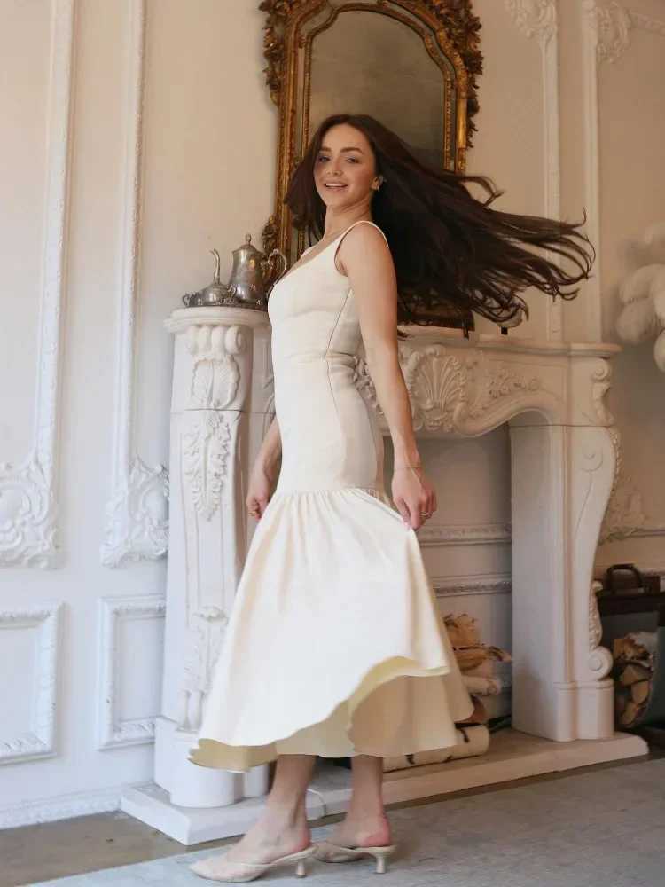 Women Fashion Solid Pleated Hem Maxi Dress Elegant Square Neck Sleeveless Backless Long Dresses 2024 Summer Lady Party VestidoX240912