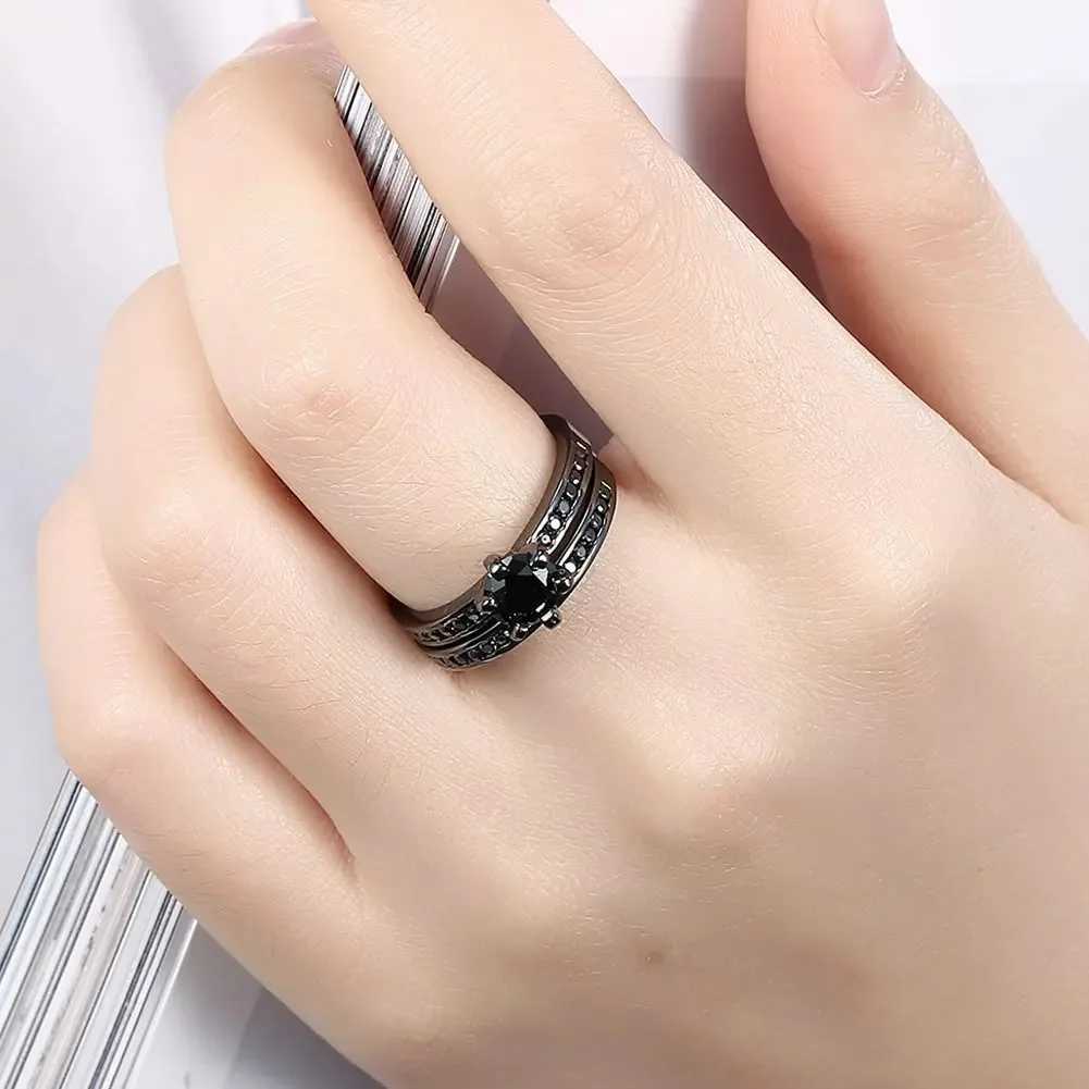 Fashion couple ring womens black Rhinestone zirconia ring set mens stainless steel zirconia ring wedding ring jewelry gift W250207