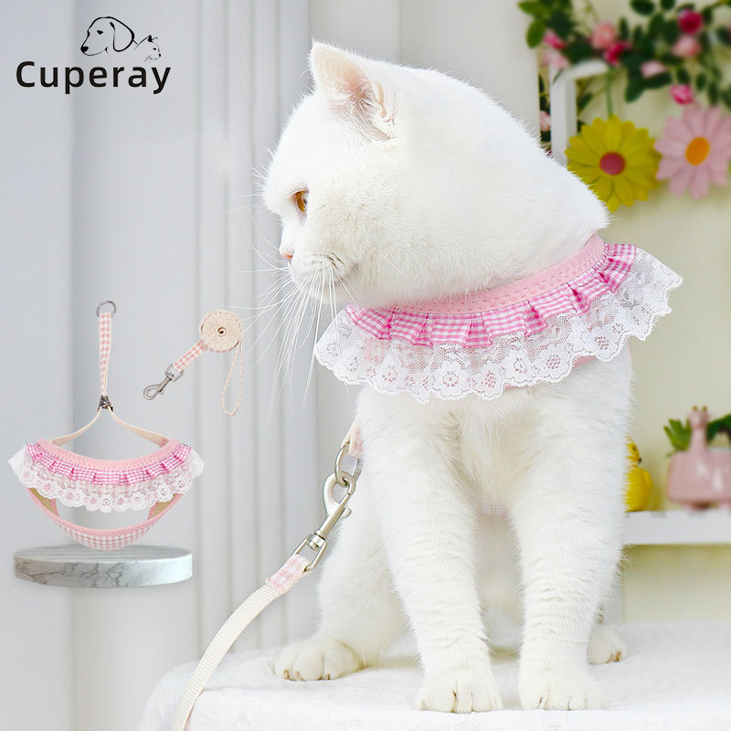 Cat Leash Harness Vest Type Anti-breakaway Walking Cat Rope & Harness with Flower Lace Trim for Outdoor Travel of Cats & Puppies