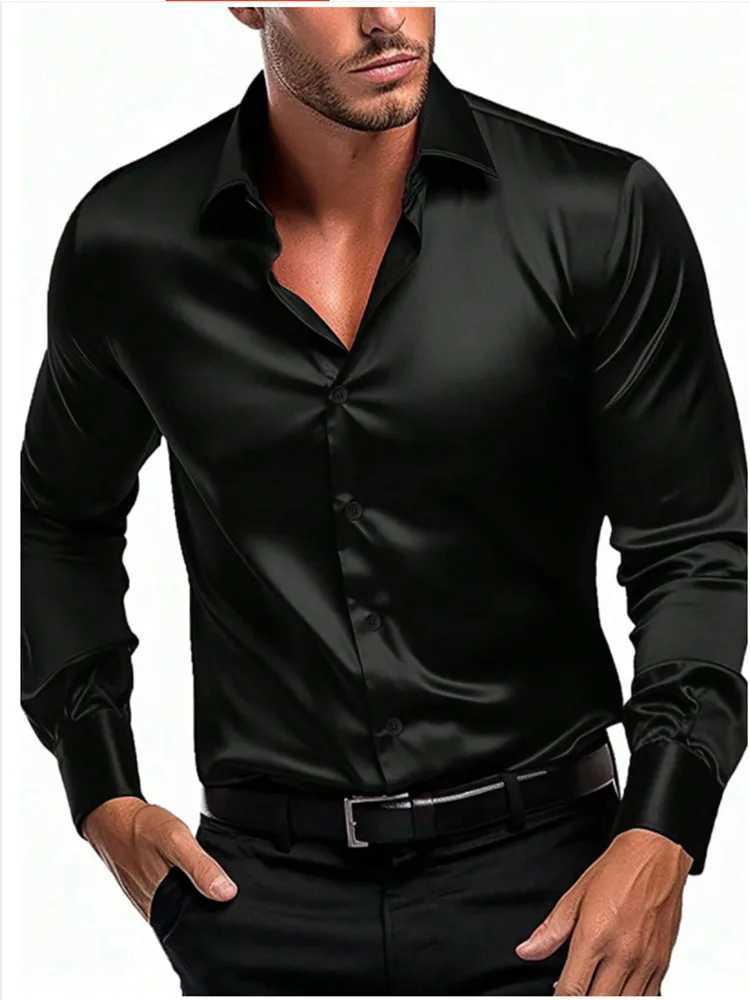 Men's Casual Shirts Casual mens satin silk dress shirt Long sleeve Society single breasted lapel shirt Wedding party mens clothes z240912