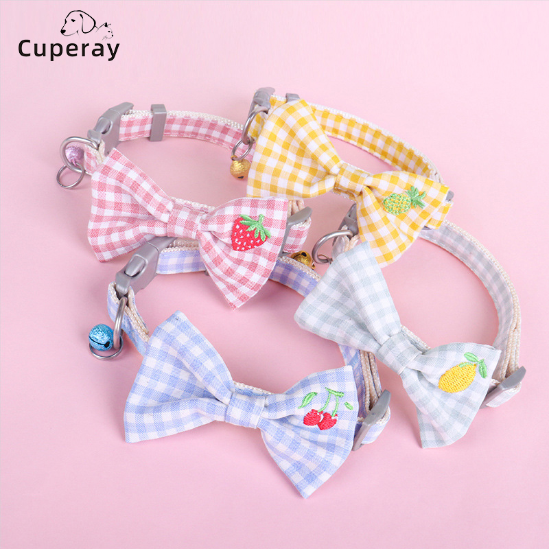 Dog Collar with Bow Fruit Embroidery Pattern and Bells, Adjustable Plaid Pet Collar for Cute Cats and Puppies Pet Accessories