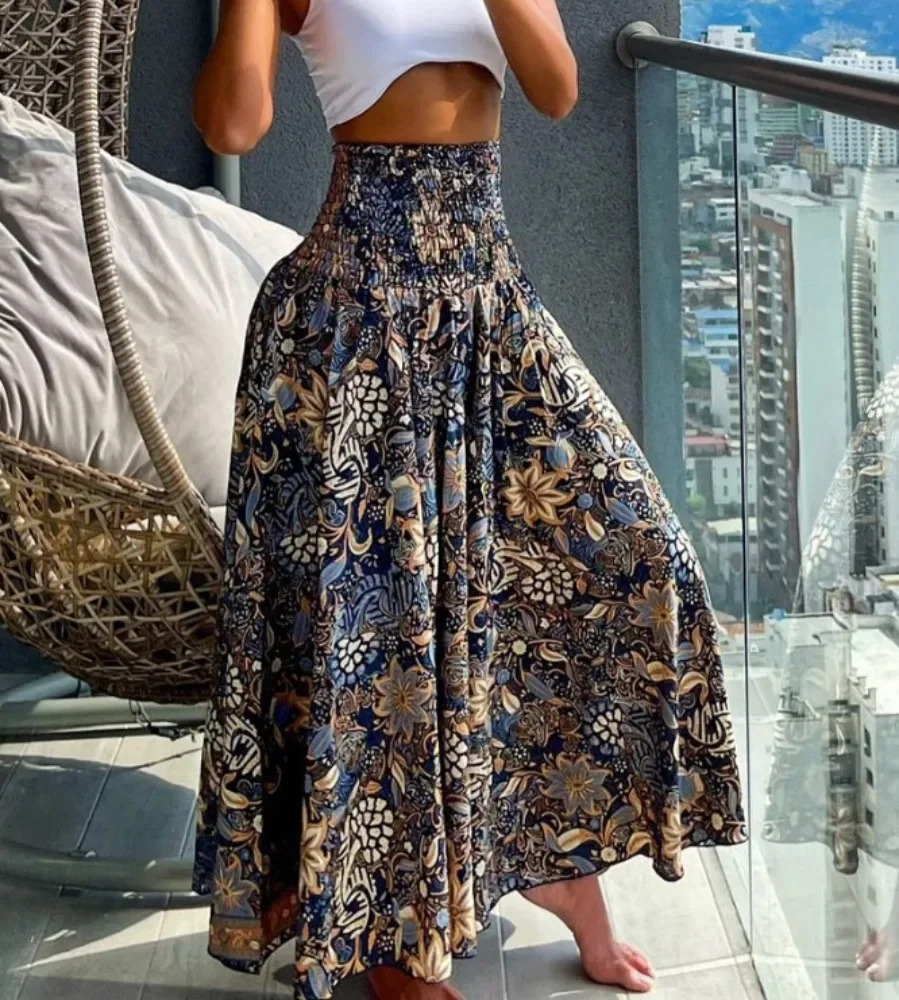 Vintage Casual Fashion Clothes Summer Streetwear Print Beach Long Skirts for Women Clothing Haruku Bohemian Ethnic Style