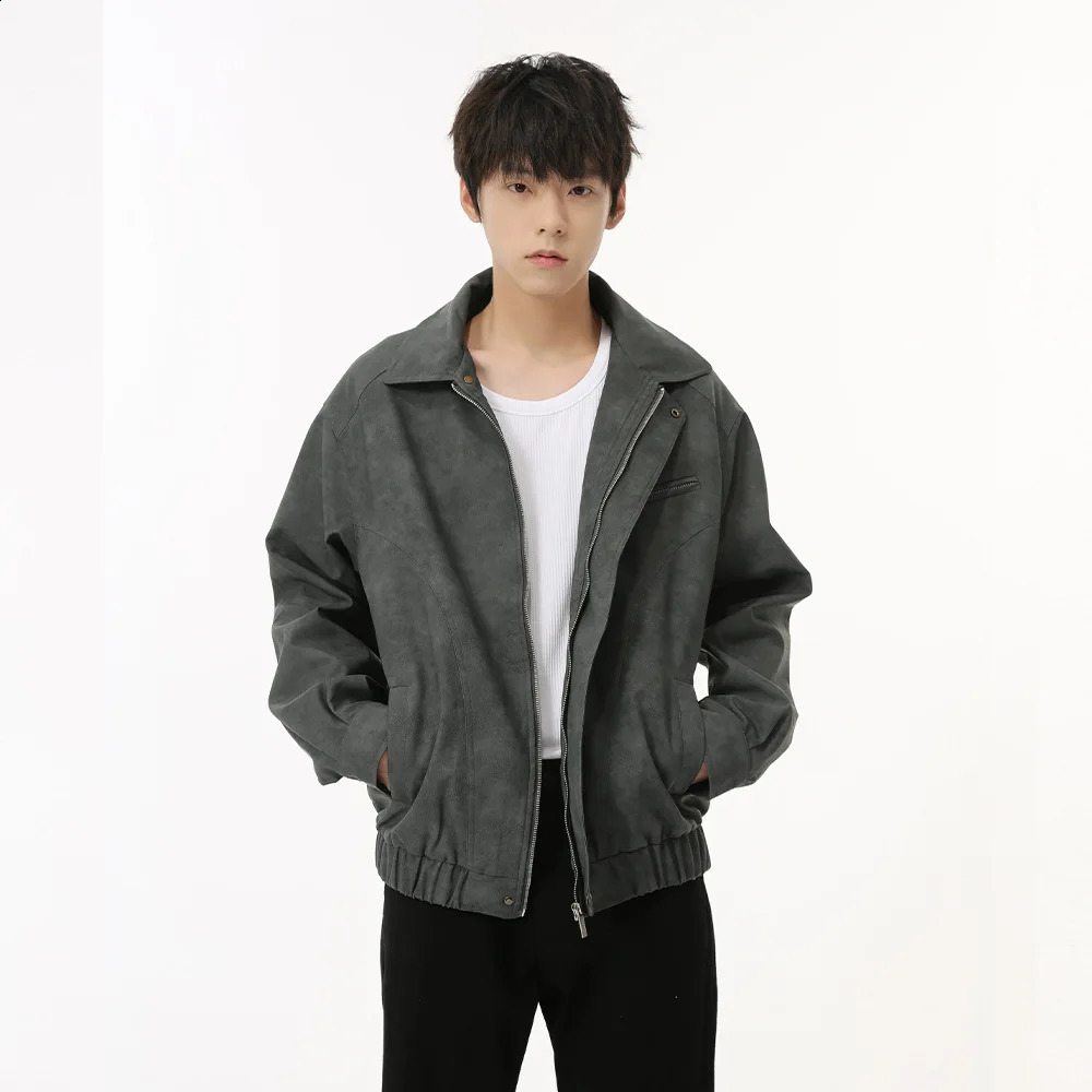 Mens autumn workwear lapel zipper short jacket trend lapel Pu leather solid color bomber jacket fashionable mens clothing 240906