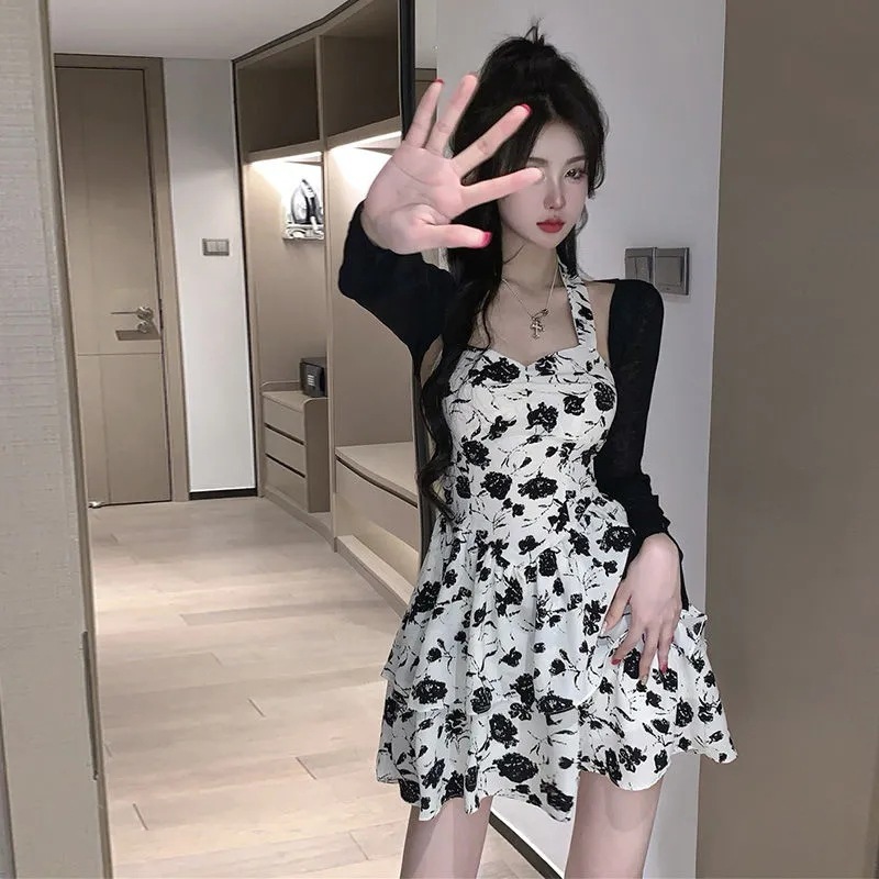 designer dresses large french lace patchwork floral camisole dress summer fat waist tea break fluffy skirt sun protection shirt set for women birthday