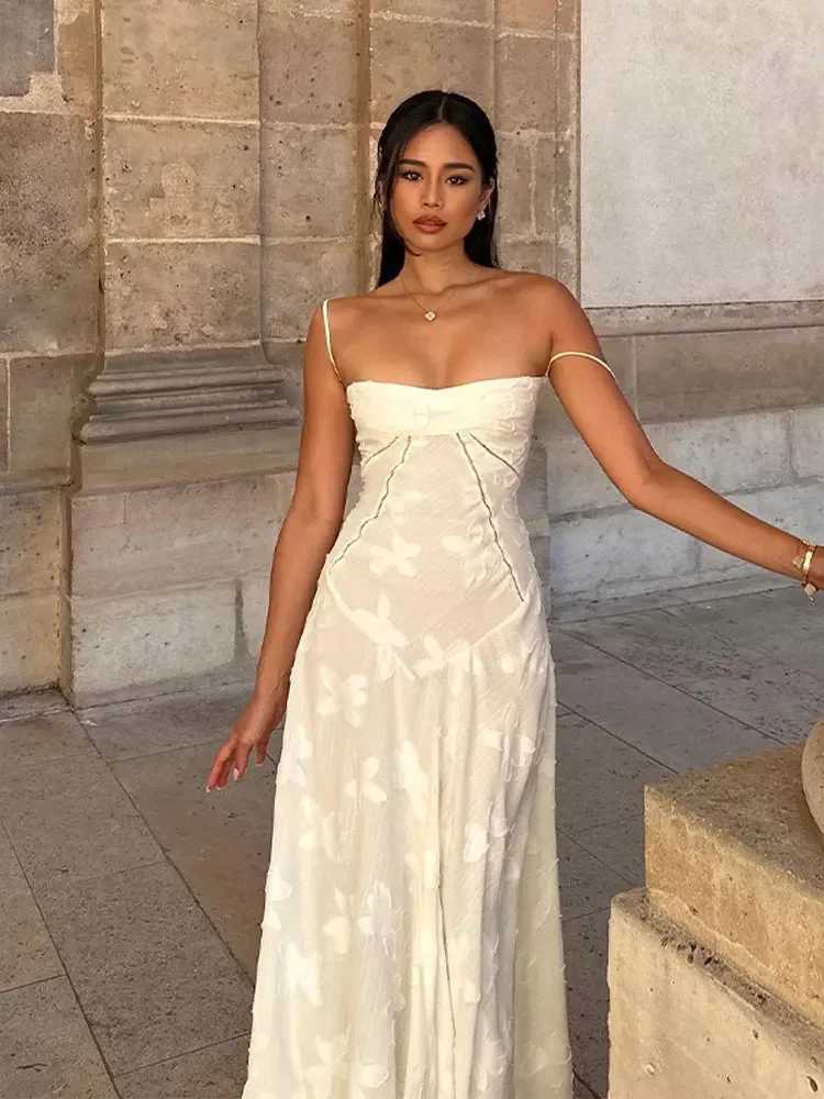 White Floral Print Wrap Waist Spaghetti Strap Maxi Dress Women Sexy U Neck Sleeveless Backless Long Robe Elegant Party VestidosX240912