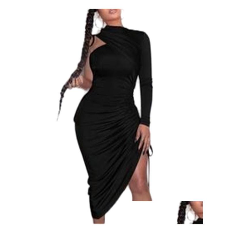 Basic Y One Shoulder Drawstring Ruched Bodycon Dress Women Solid Long Sleeve Midcalf Night Club Drop Delivery Apparel WomenS Cloth Otc7E
