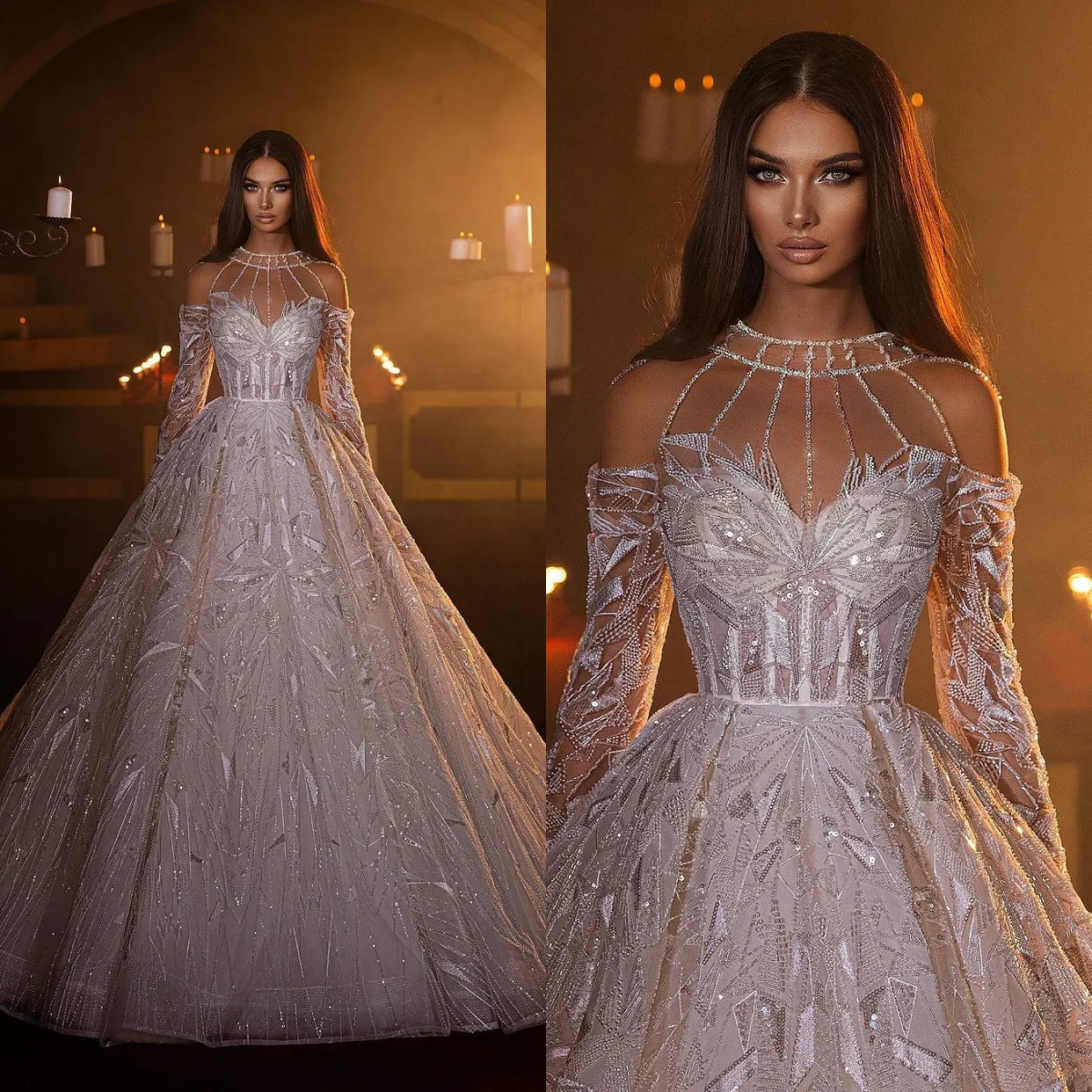 Designer A e Women Wedding Sheer Neck Long Sleeves Bridal Gowns Sequins Sweep Train Dress Custom Made vestidos de novia