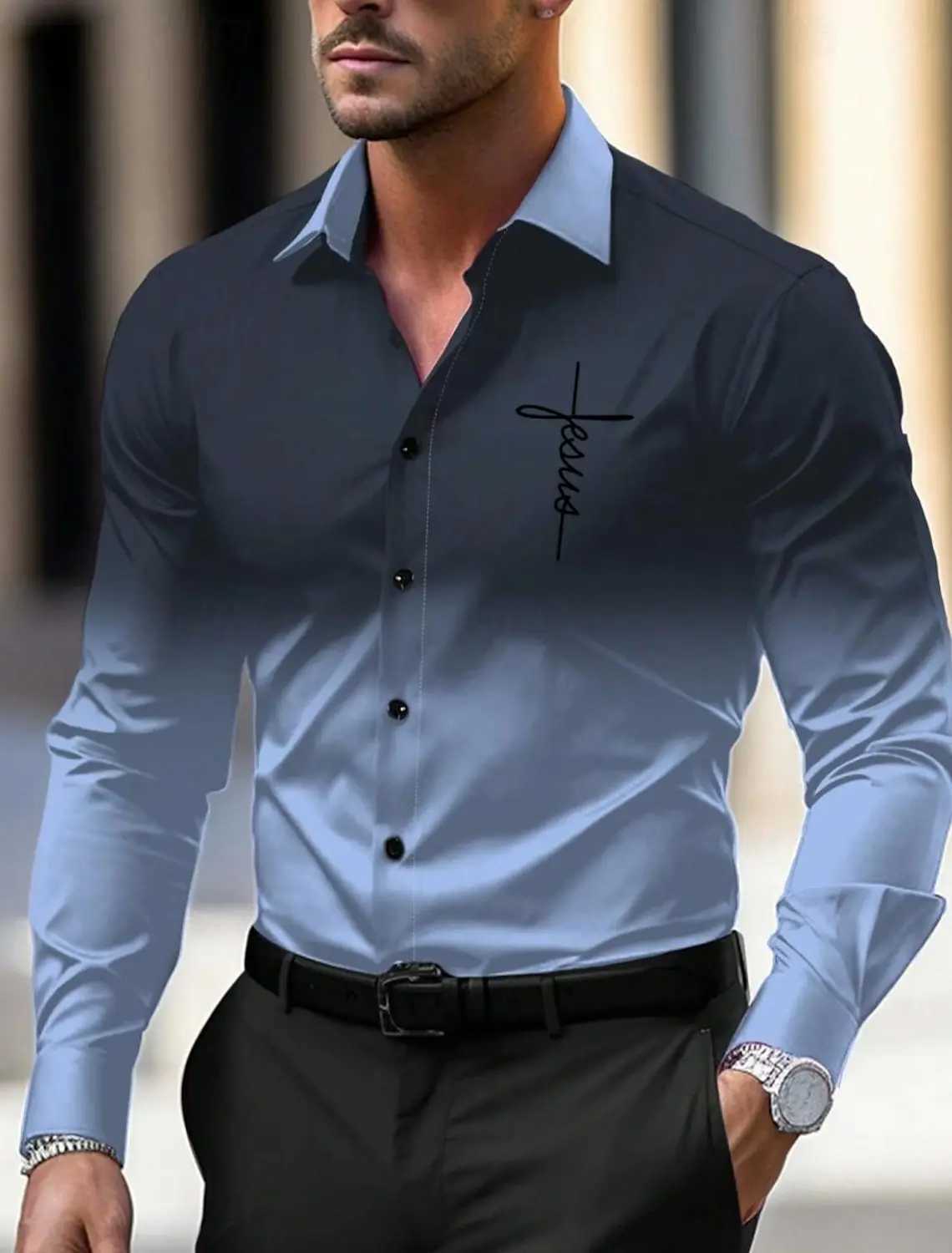 Mens Business Casual Printed Long Sleeve Shirt Formal Button Top Autumn/Winter Spring/Summer Sleeves Long Sleeve Blue S M L W240911