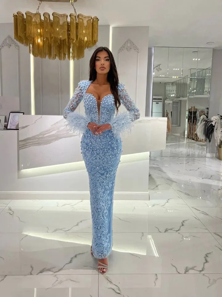 Gorgeous lace blue Mermaid Evening Dresses elegant long sleeves pearls Prom dress feathers cuff formal dresses for women