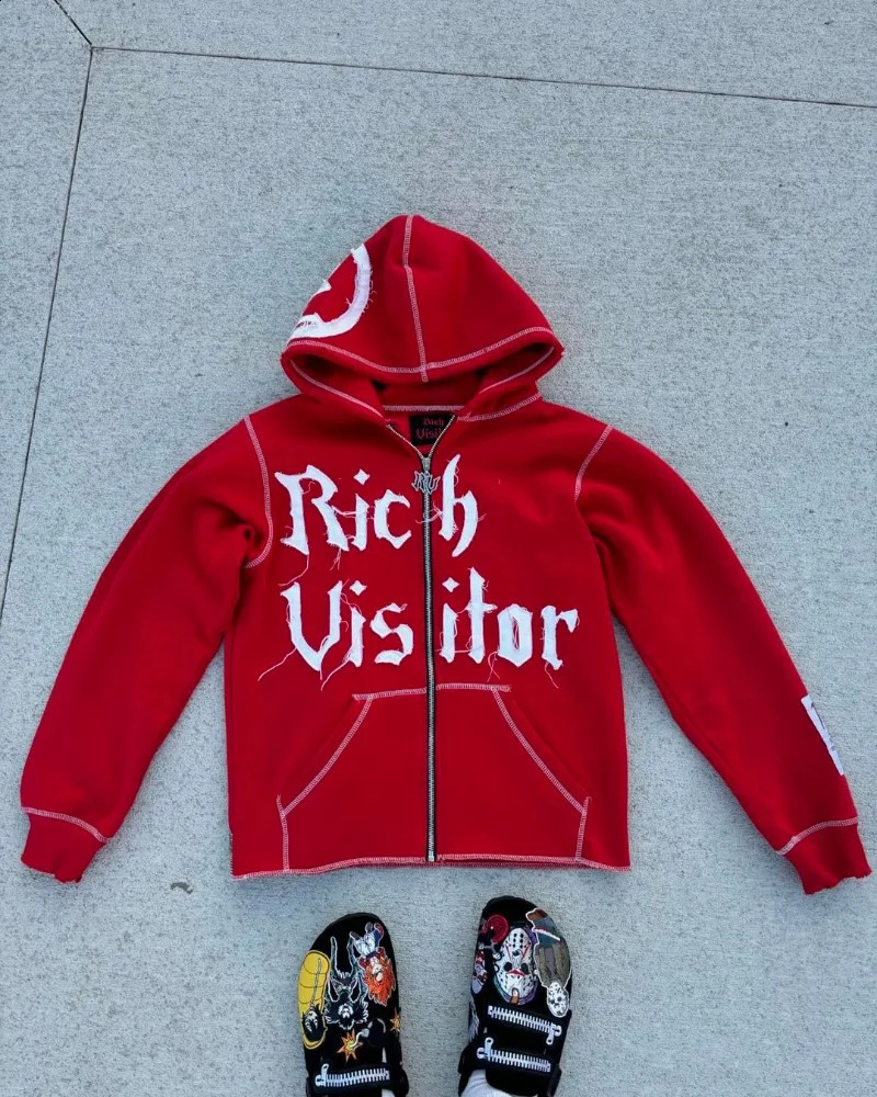 American Street Retro Letter Embroidery Oversized Hoodie Men Y2k Goth Punk Hip Hop Fashion Anime Print Zipper Sweatshirt Women 240906