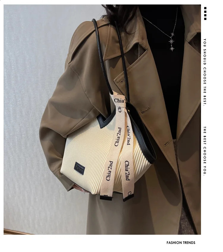 Brown Fashion Stripped Womens Shoulder Bags Korean Style Solid Color Bucket for Student Autumn Office Lady Handbags 240907