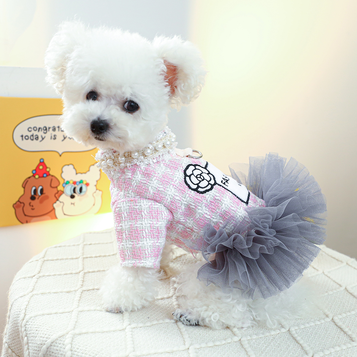 Luxury Dog Dresses For Princess Girl Winter Pet Clothes Pink Plaid Pearl Tulle Skirt Harness Coat Jacket Outfit XS XL Cat Goods