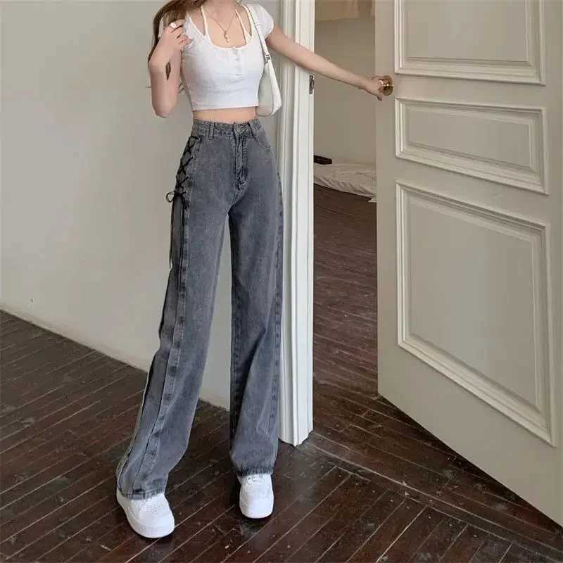 Design niche lace jeans for women in spring and summer 2024 featuring loose waist straight high street and popular wide leg pants W24091165476