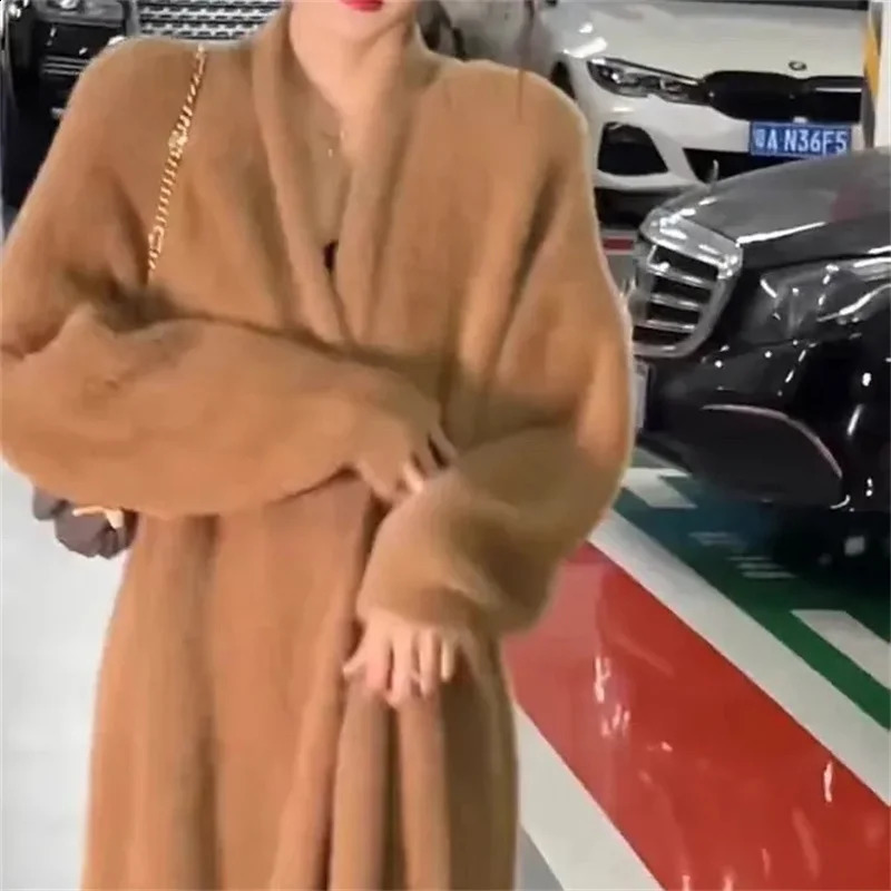 High Quality Soft Style Knitted Sweater Jacket For Womens Autumn And Winter Vintage Long Blue Pink Faux Mink Cardigan