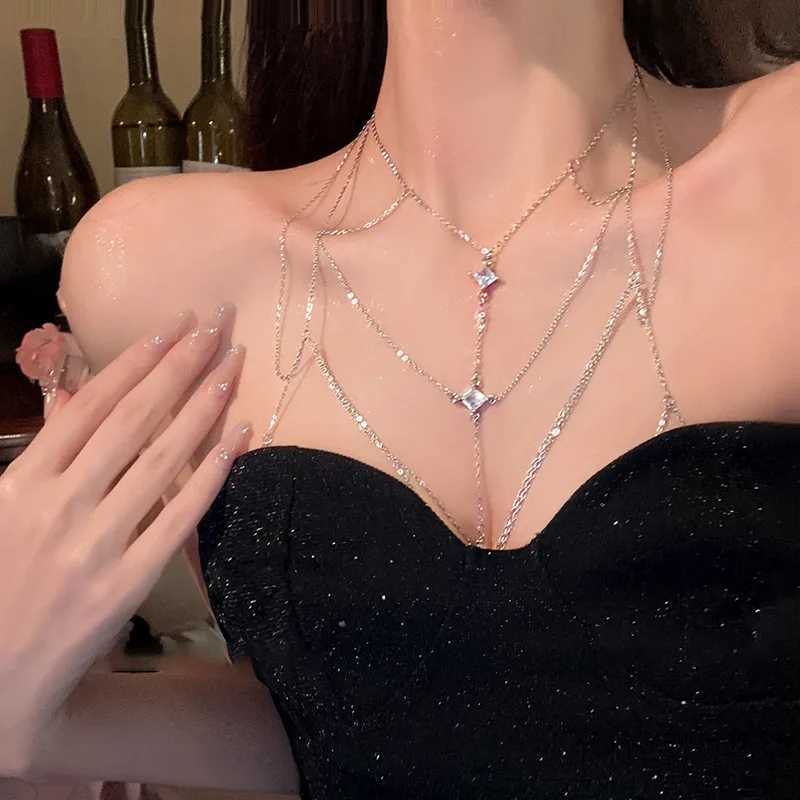 Deluxe square crystal chest chain suitable for Mtilayer silver metal beads zircon body chain sexy beach bikini jewelry gift X250410