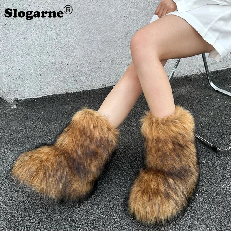 Y2K Fluffy Mid-calf Boots Winter Women Fashion Snow Boots Warm Cotton Shoes Ladies Faux Raccoon Fur Boots Furry Platform Shoes 240910