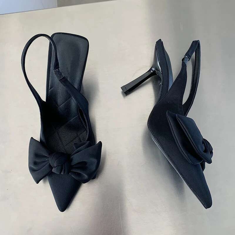 Summer Brand Women Sgback Sandals Heeled Fashion Bow-knot Pointed Toe Slip on Ladies Elegant Dress Pumps Shoes