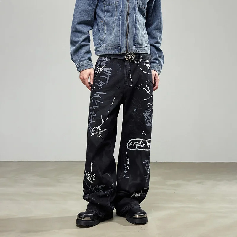 American Street Hip Hop Graffiti Print Jeans Men Streetwear Loose Casual Wide Leg Denim Trousers Baggy Jeans Pants Women 240910