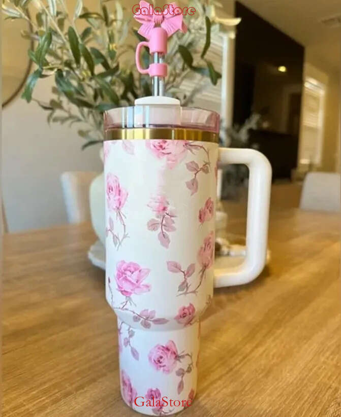 DHL 40 OZ Blue Magnolia Pink Rose Early Lilac Floral Cups 40oz H2.0 Stainless Steel Tumblers with handle Lid and Straw Purple Stars Travel Car Mugs Wa