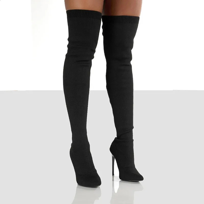 Womens long boots sexy thin high heels knee high knitted elastic Botas autumn womens black beige sock boots 240911