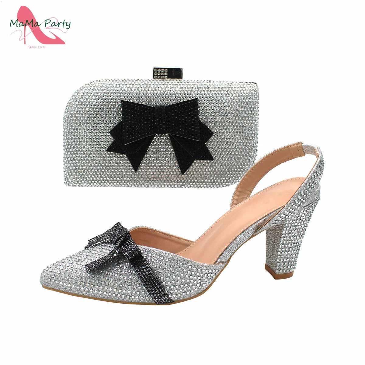 2025 new Sier Color Arrivals Nigerian Women Shoes and Bag to Match High Quality Pointed Toe with Appliques for Wedding Party 240906