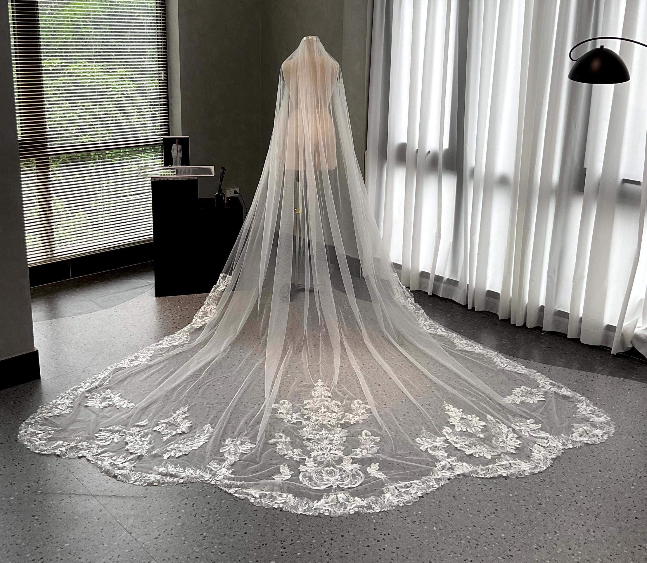 Classic Wedding Veil Lace Appliques Bridal Veil with Comb Royal Long Special Cut Veil White Ivory Custom Made Wedding Accessories