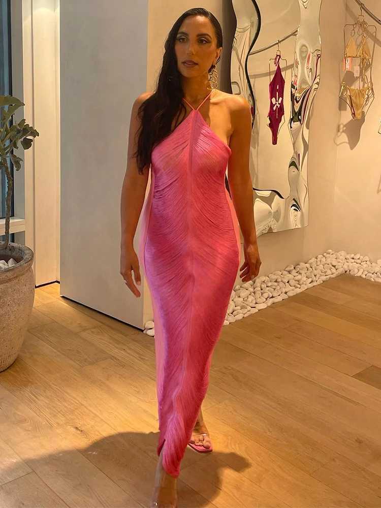 Shiny Metallic Halter Slim Long Dress For Women Female Sleeveless Backless Bodycon Vestidos Ladies Party Club Evening RobesX240912