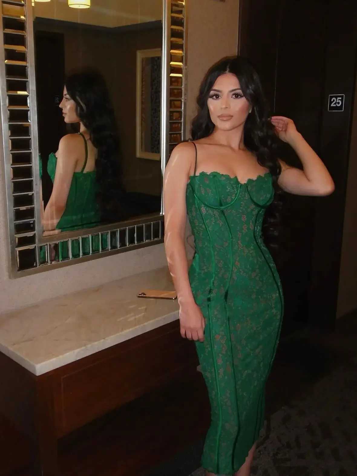Summer Long Elegant Formal Occasion Dress Green Spaghetti Strap V Neck Lace Dress Vintage Birthday Party Dresses 2023X240912