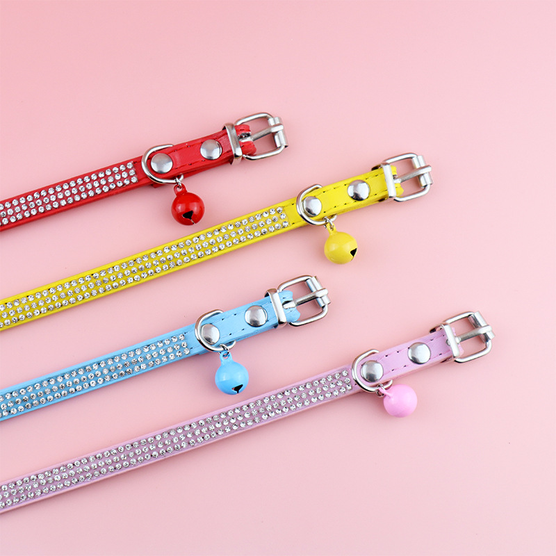 Shiny Rhinestone Cat Collar Leather Adjustable Pet Collar with Bell To Prevent Lost Fit for Cat and Puppy Kitten Accessories