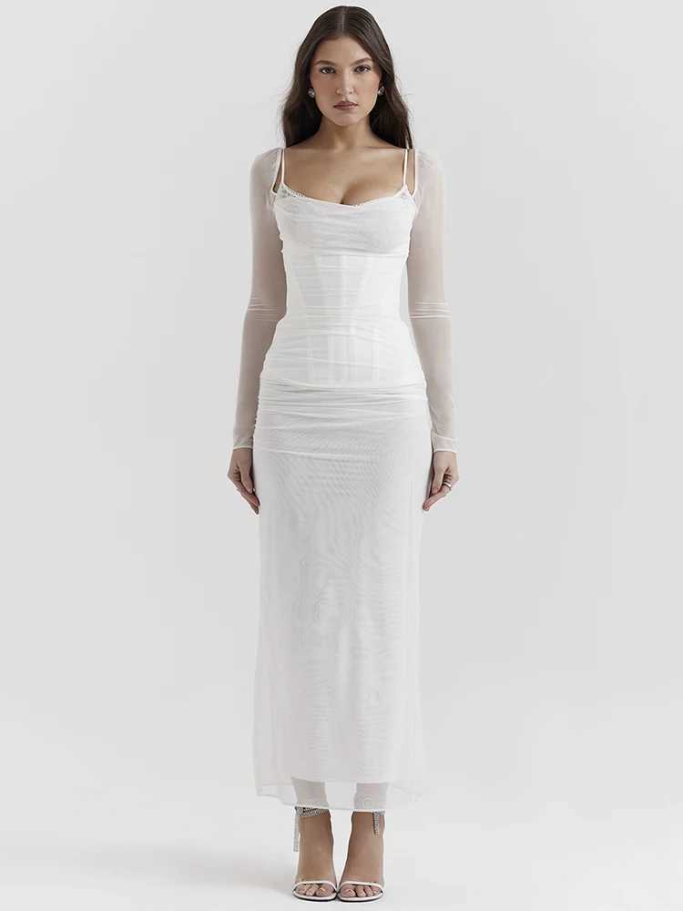 Elegant Sheer Long Sleeve Sexy Maxi Dress For Women Fashion Mesh Strapless Backless Club Party Sexy Long Dress New