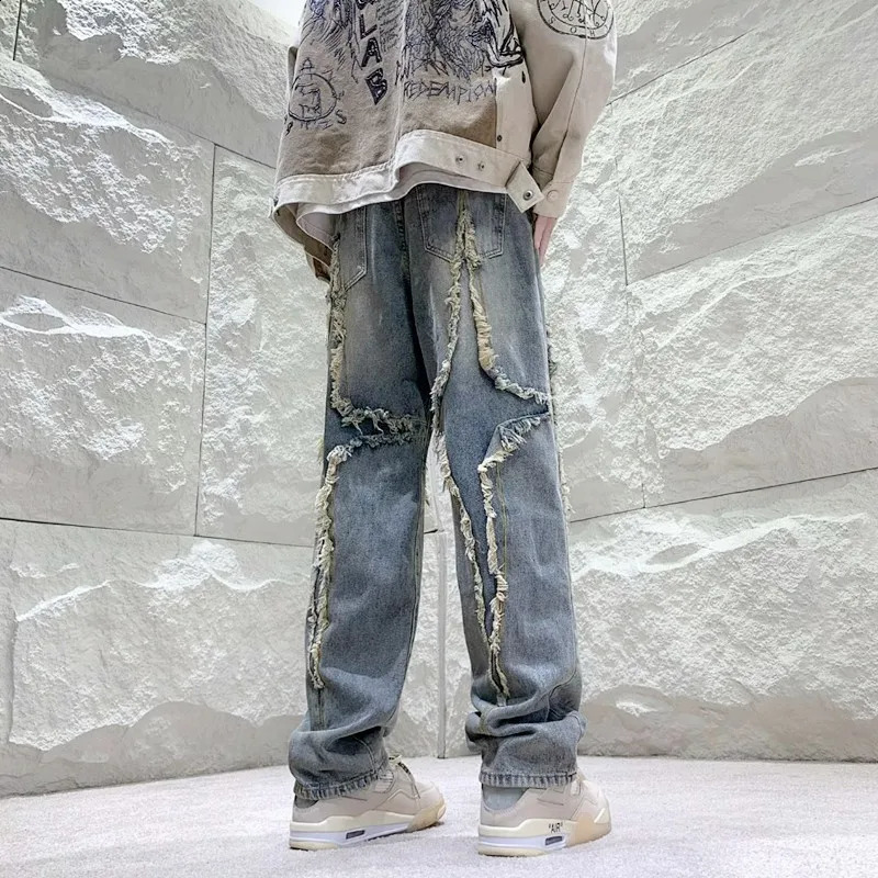 Y2K Streetwear Cross Patchwork Baggy Stacked Jeans Pants For Men Clothing Straight Women Old Denim Trousers Pantaloni Uomo 240830